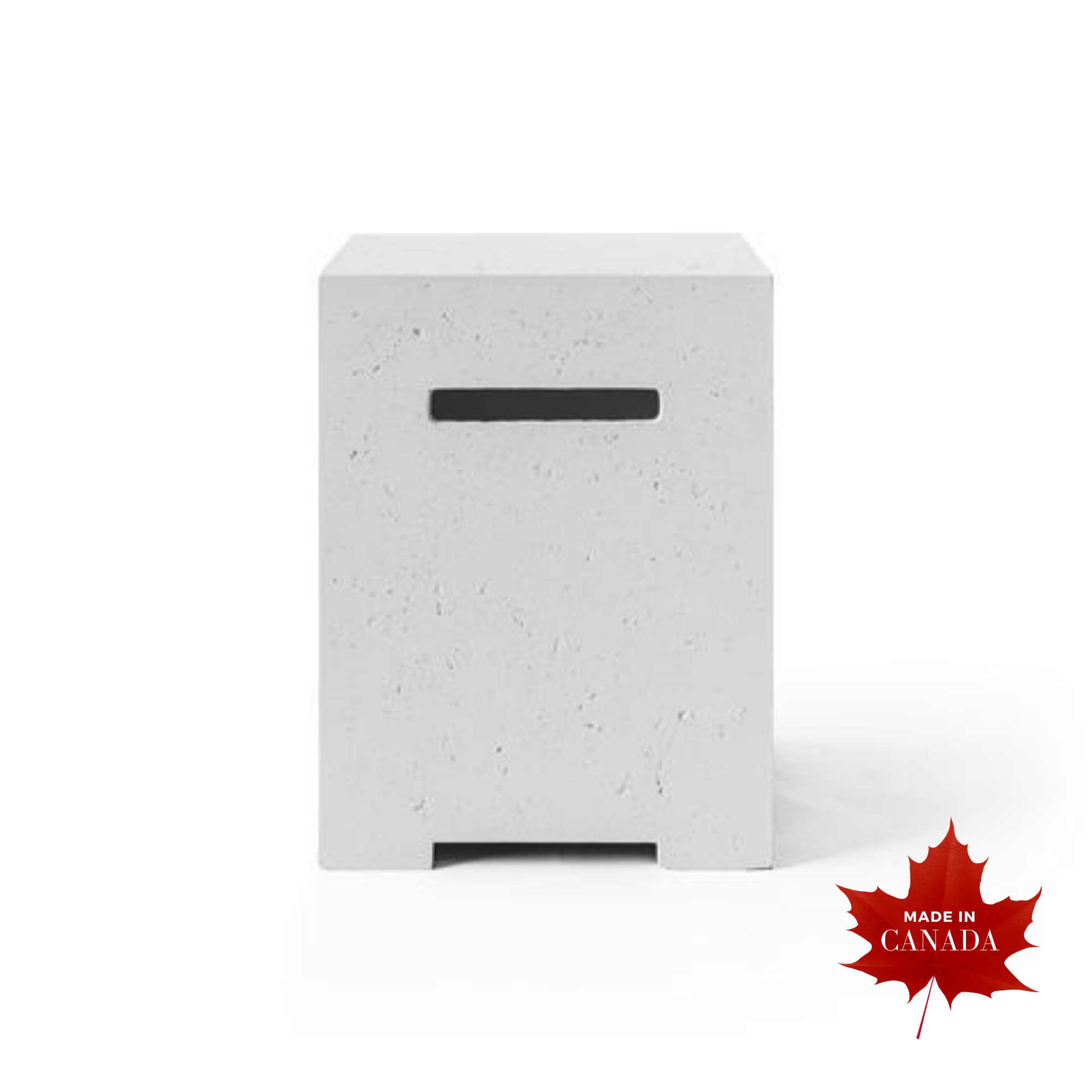 Premium contemporary outdoor Dekko light grey propane tank cover/end table, natural smooth honed Ash finish with raw concrete aesthetic, open handles on sides