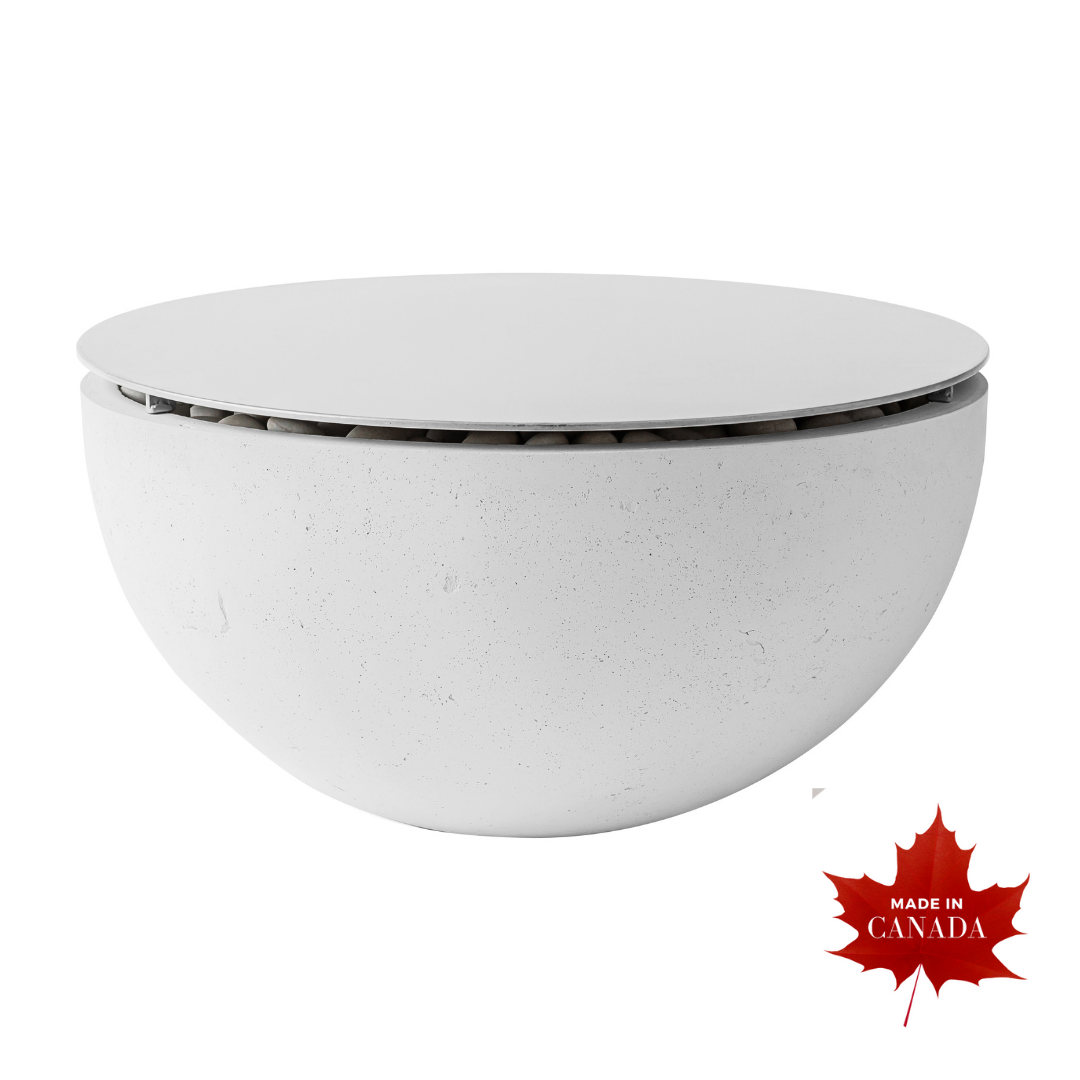 Premium contemporary outdoor light grey concrete lid for Dekka fire pits, natural smooth honed Ash finish with raw concrete aesthetic, covers the entire top of firepit