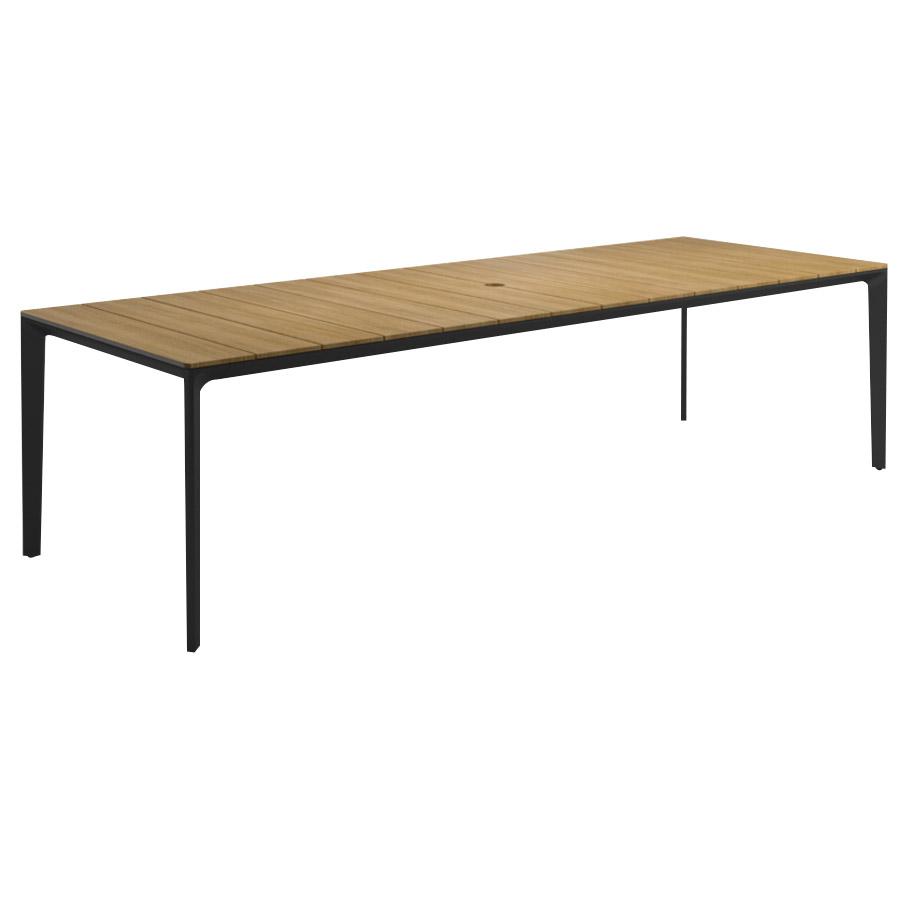 Premium outdoor teak rectangular dining table, contemporary slatted design on table top, umbrella hole in center, modern charcoal aluminum legs at each corner