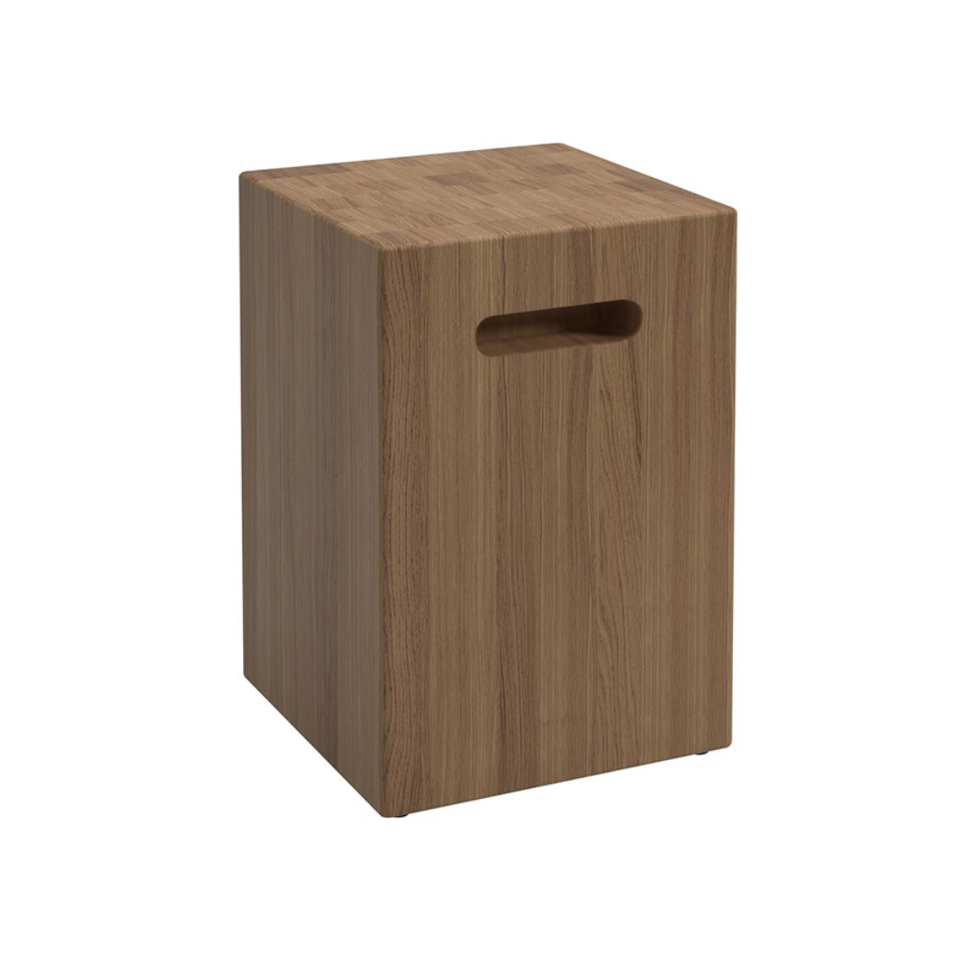 Premium Indoor/Outdoor teak side table, curved handles, cube shaped with block detailing on top