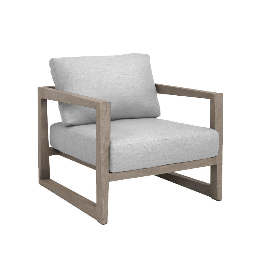 contemporary outdoor square teak chair, weathered look, crate style frame, deep seat and back cushion in Canvas Granite Sunbrella fabric, open sides