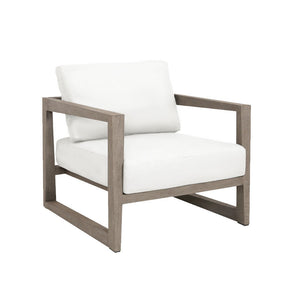 contemporary outdoor square teak chair, weathered look, crate style frame, deep seat and back cushion in Canvas Natural Sunbrella fabric open sides