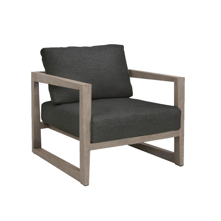 contemporary outdoor square teak chair, weathered look, crate style frame, deep seat and back cushion in Pebble Grey Sunbrella fabric, open sides