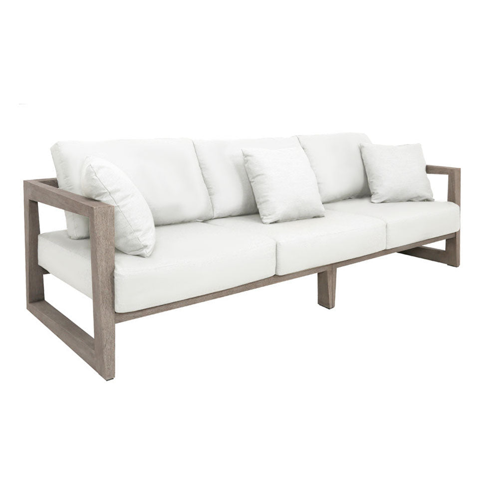 contemporary square teak sofa, weathered look, crate style frame, deep seat and back cushions, open sides