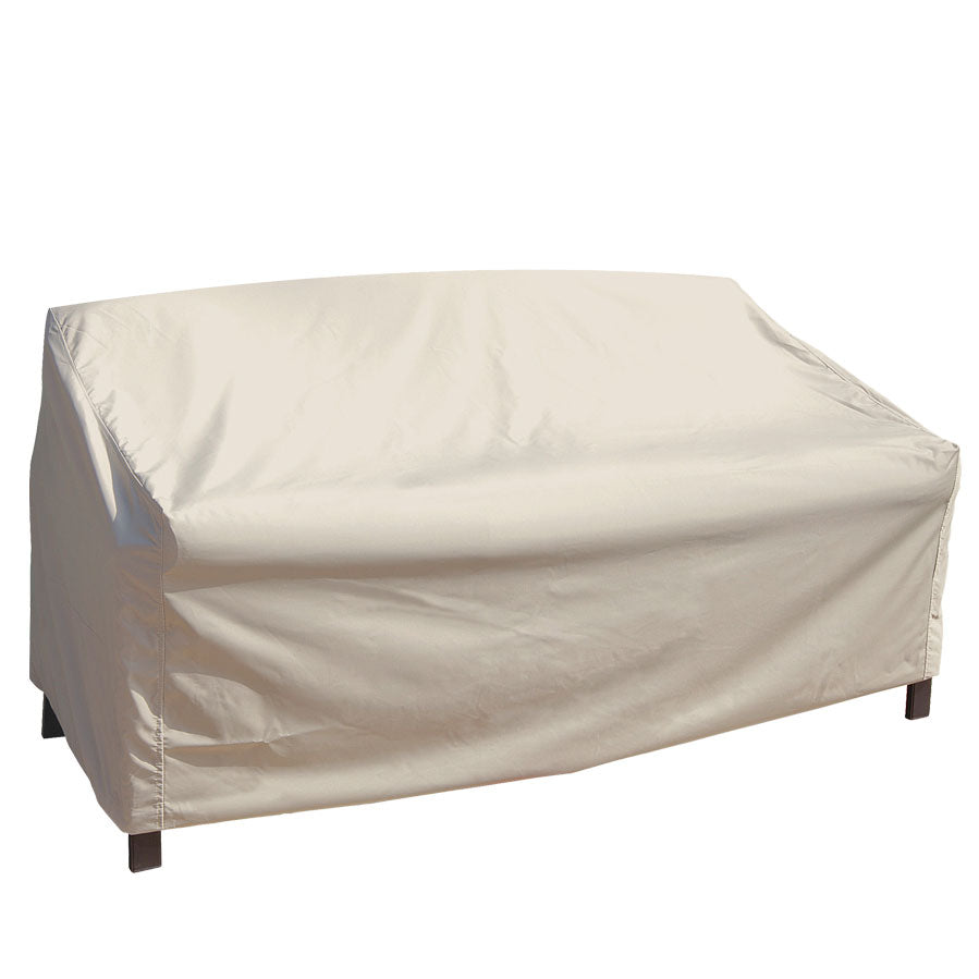 Treasure Garden beige weather resistant extra large loveseat cover, spring cinch lock at base of cover to secure tight at base of furniture