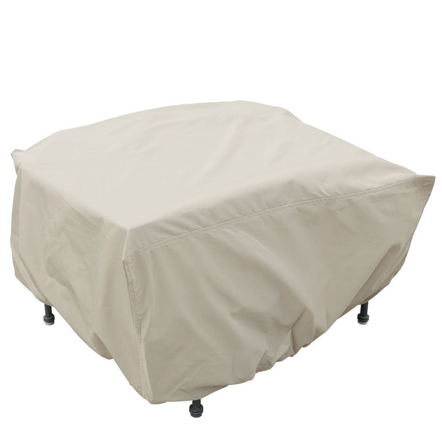 Treasure Garden beige weather resistant small firepit/table/ottoman cover, spring cinch lock at base of cover to secure tight at base of furniture