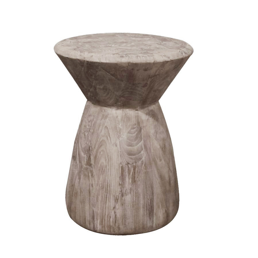 Premium contemporary indoor/outdoor transitional teak stool or occasional table, reclaimed pieces of teak in hourglass shape, round top and base
