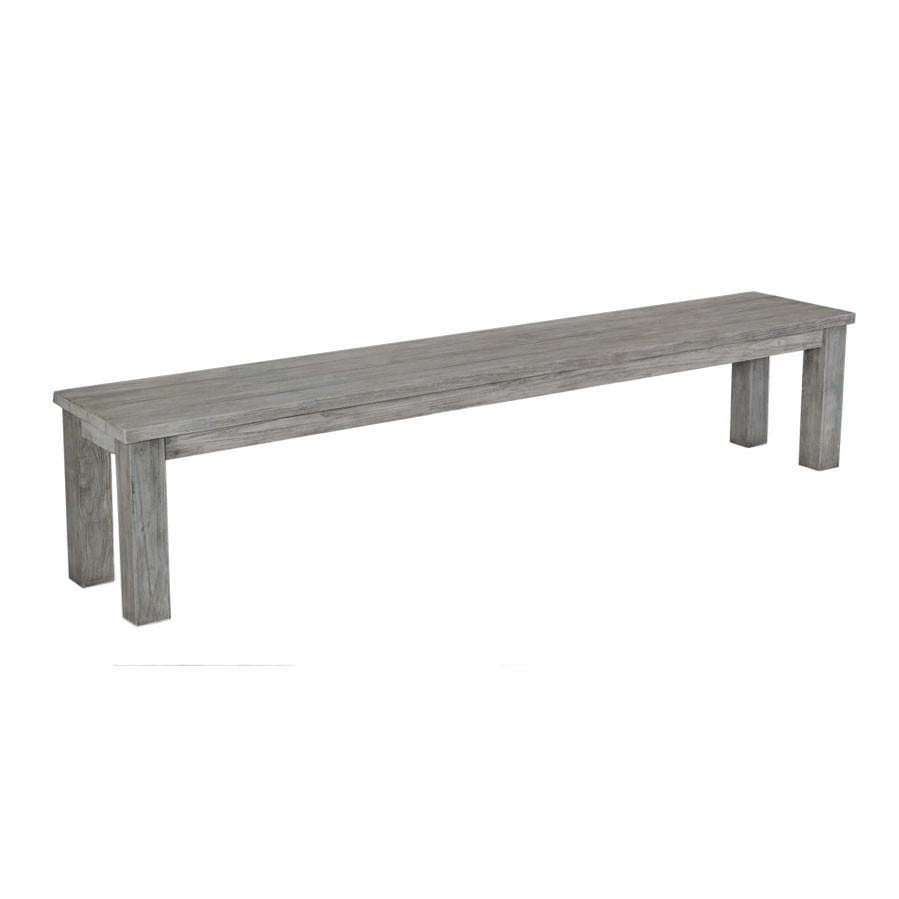 Premium transitional Nantucket styled outdoor bench made of reclaimed teak, weathered grey finish, clean lines, simple straight legs