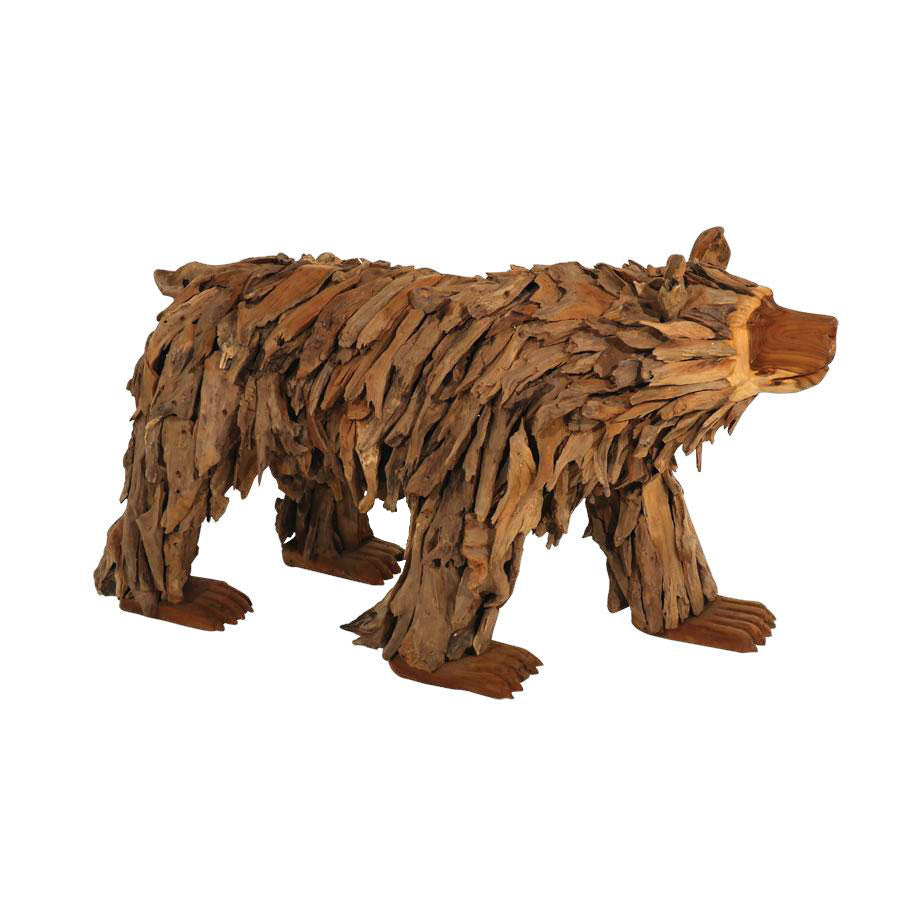 Premium handcrafted indoor/outdoor teak bear sculpture, constructed with many pieces of teak that are layered together to create a walking bear form, carved face, whimsical and rustic looking