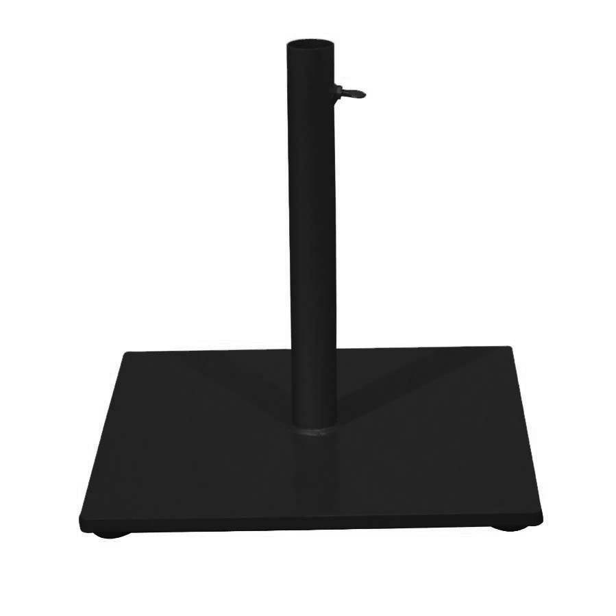 A black umbrella weight base made of zinc plated steel, designed to be free-standing.