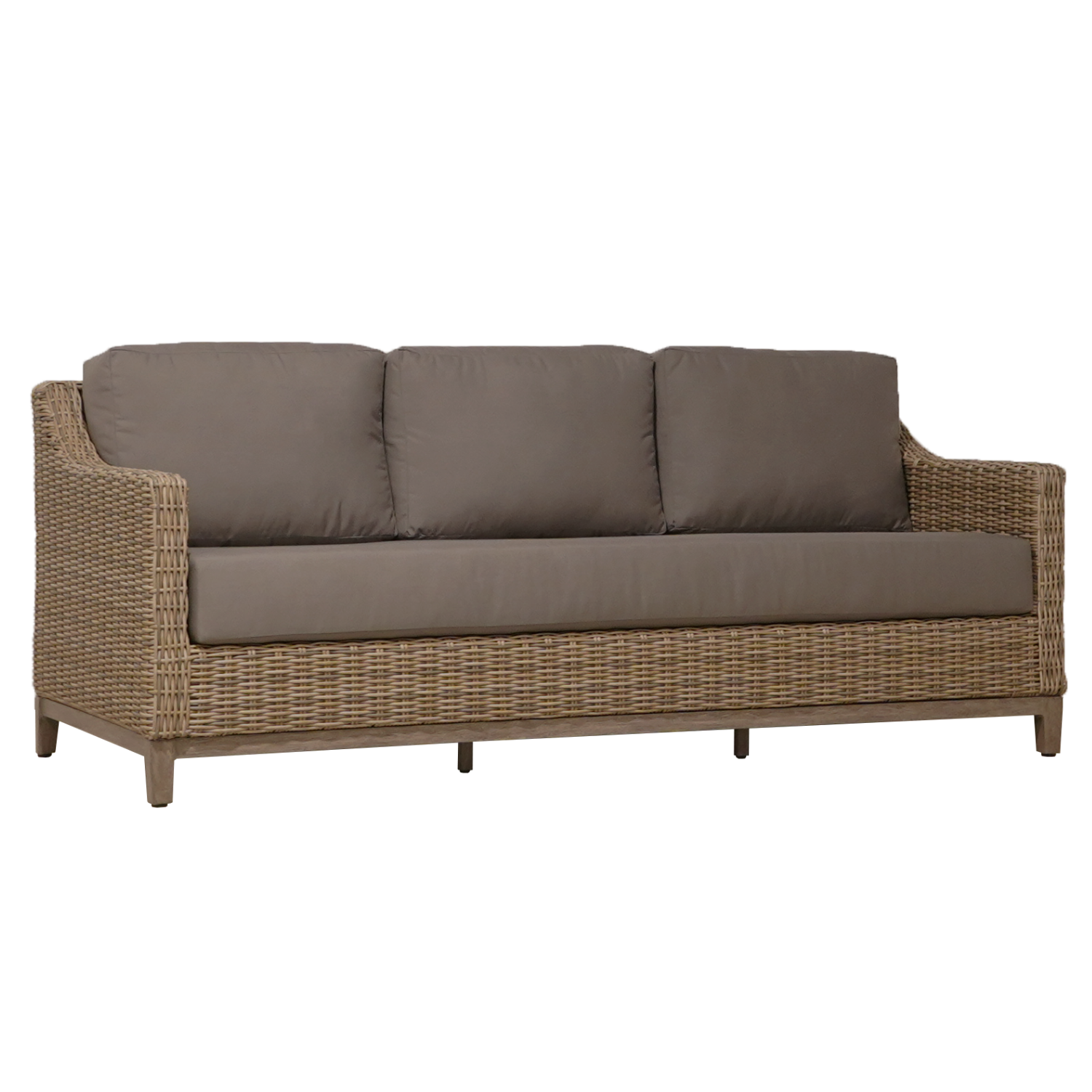 Premium outdoor resin wicker weave sofa, three deep back cushions and single deep bench seat cushion , muti-tone driftwood colour, curved arms and aluminum salvaged lumber look base and legs, contemporary transitional look