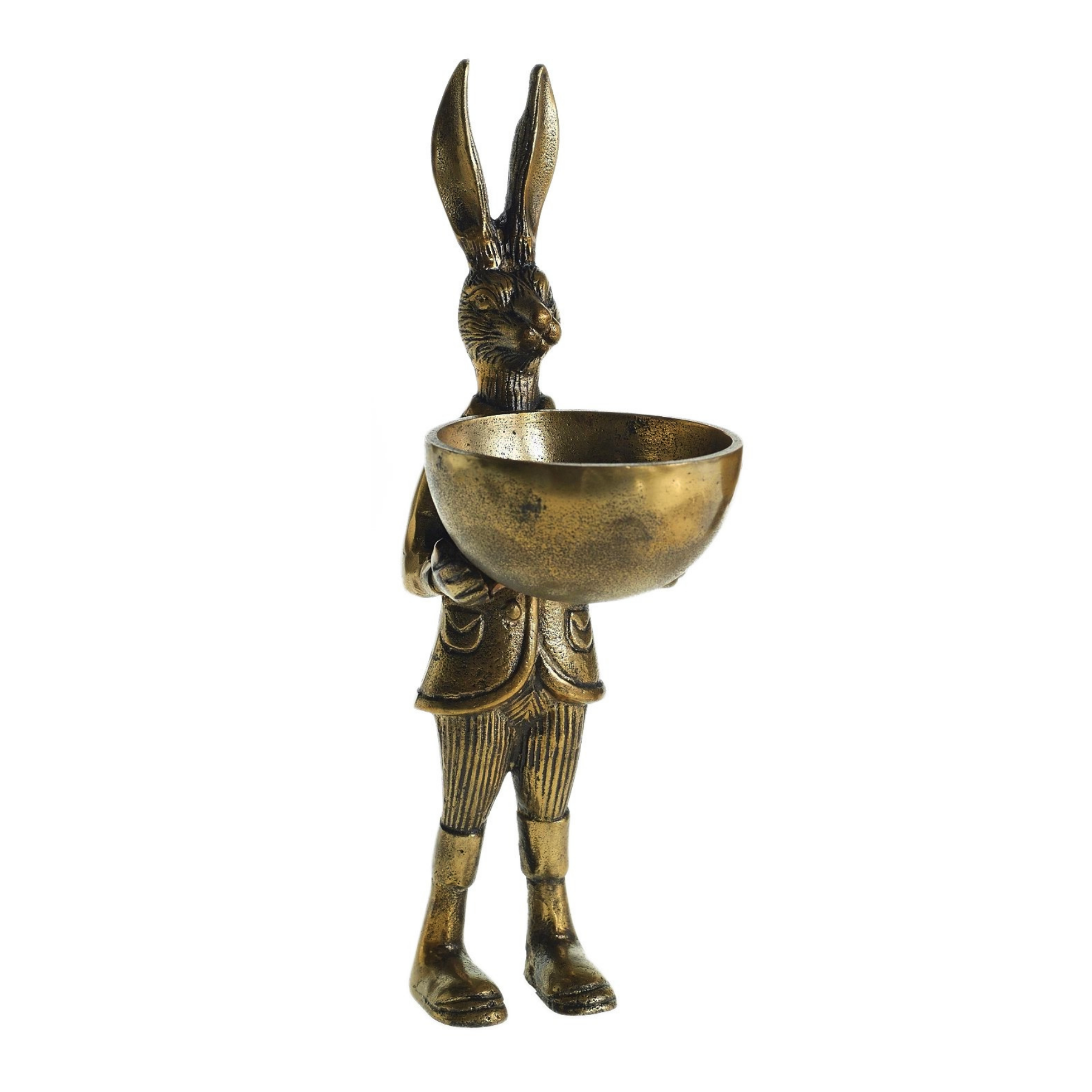 Hare carrying bowl dish stand, oil rubbed bronze finish, formal dressed whimsical hare