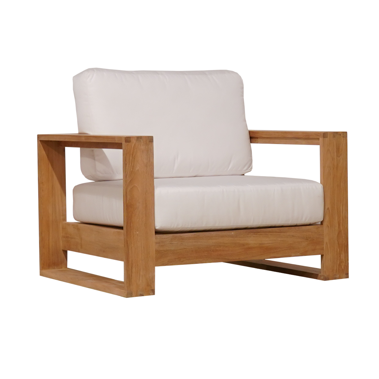 contemporary square outdoor teak sofa, crate style frame, three deep seat and three deep back cushions Canvas Natural Sunbrella fabric, open sides