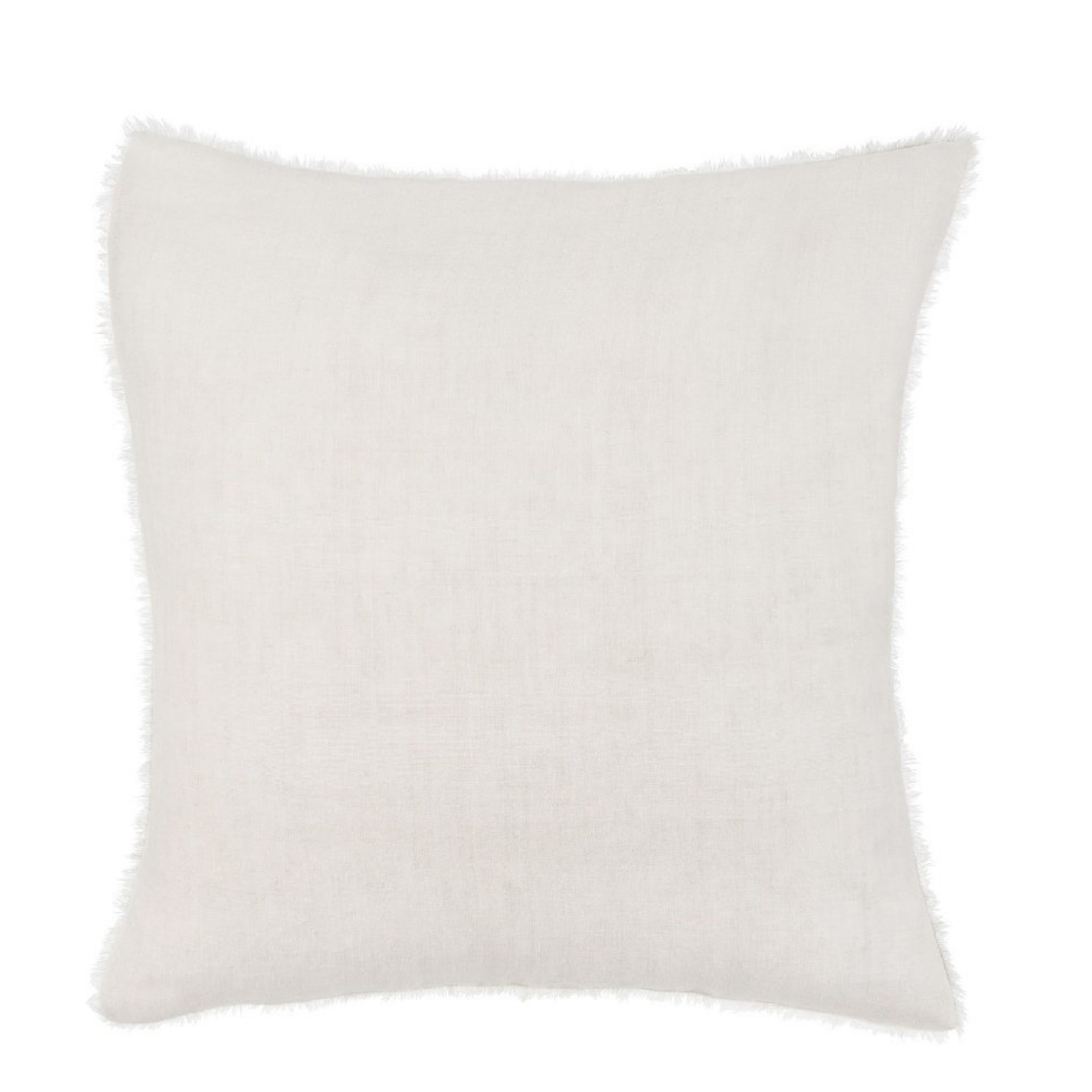 Premium square Belgian linen pillow, down filling, warm soft white colour, fringe along edges