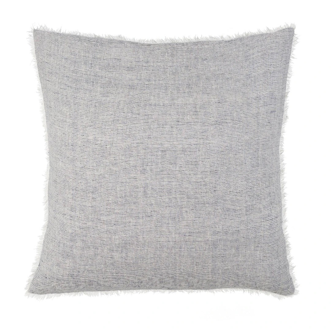 Premium square Belgian linen pillow, down filling, white and soft blue denim stripes, fringe along edges