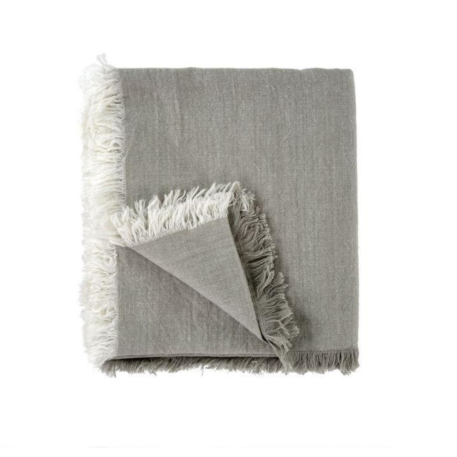 Soft linen blend table cloth, ivory frayed fringe edge, pale ash colour