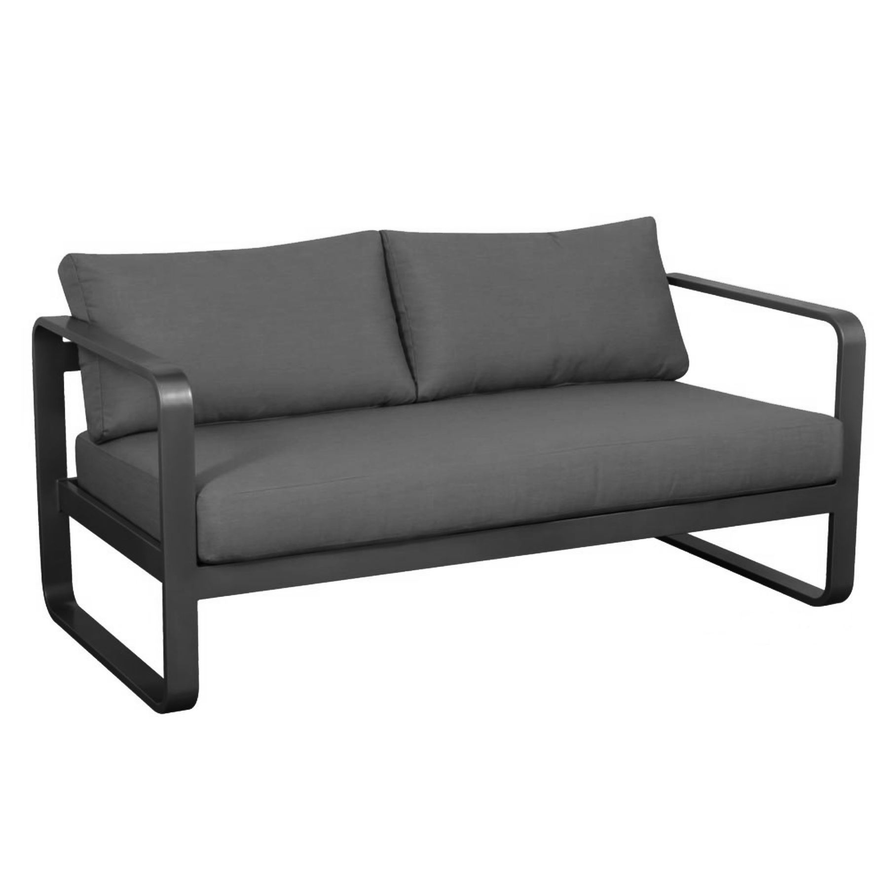 Transitional aluminum loveseat, curved open arms, square frame, deep back and seat cushions