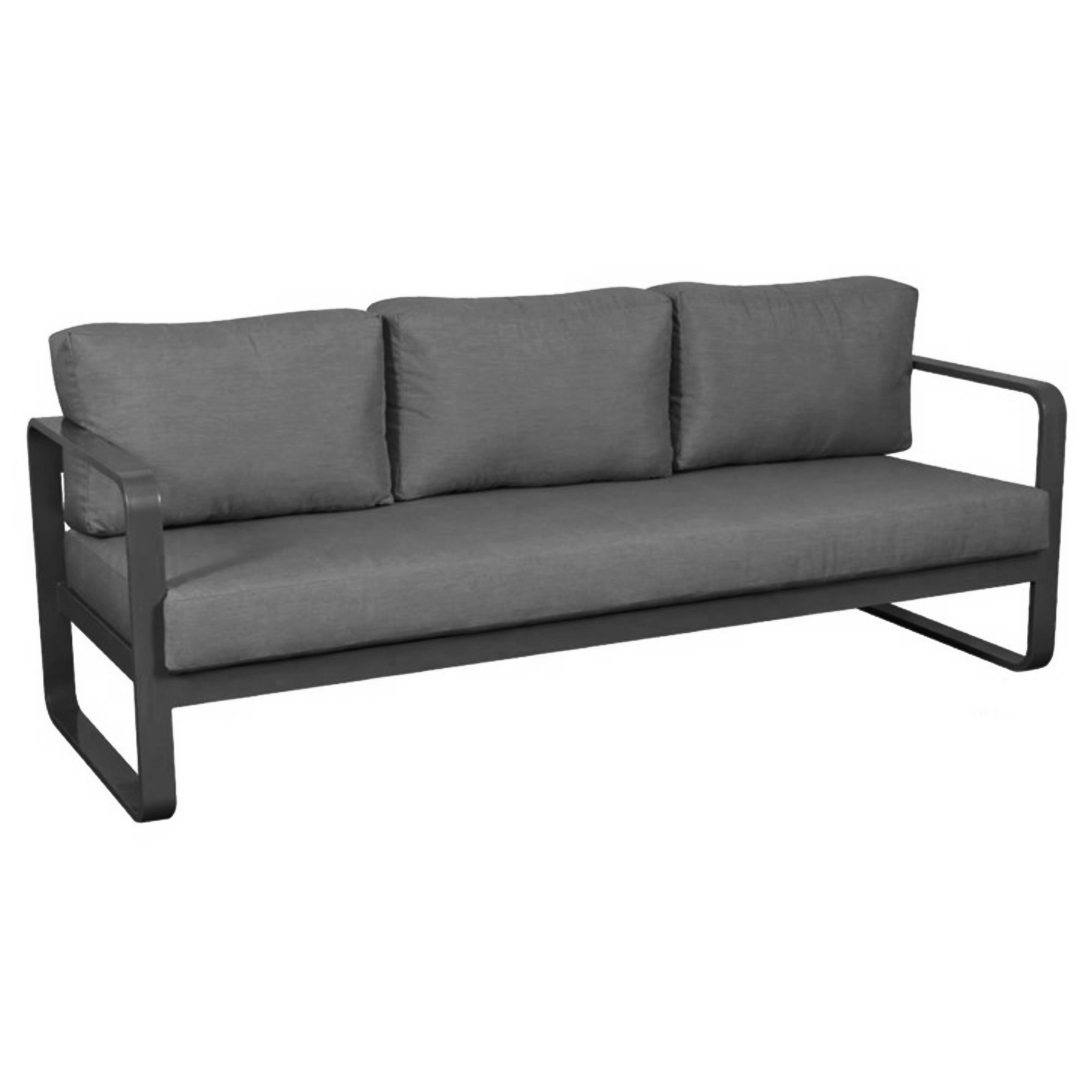Transitional aluminum sofa, curved open arms, square frame, deep back and seat cushions