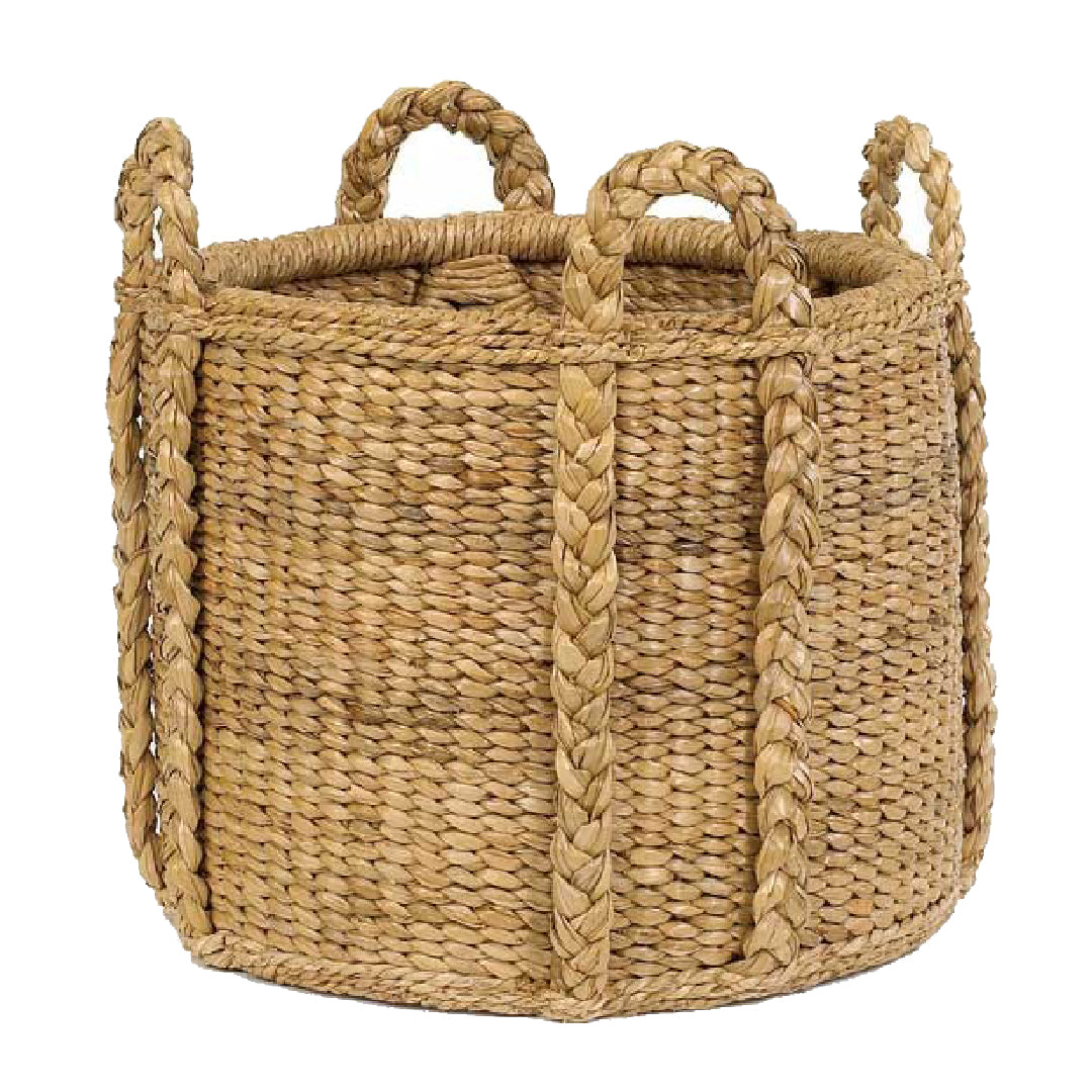Organic seagrass handwoven basket, four braided looped handles at top, natural colour, round shape