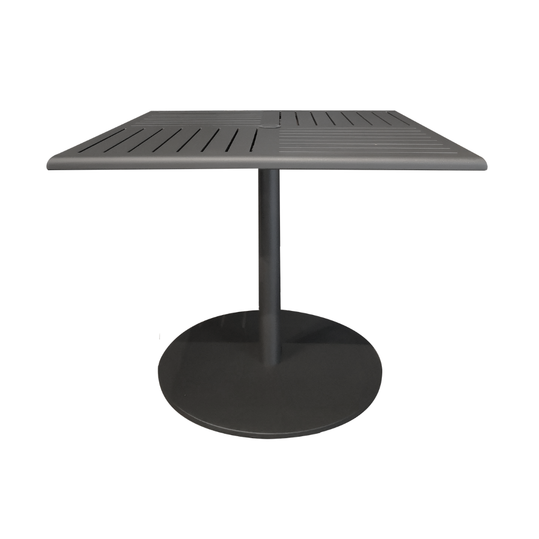 Premium transitional aluminum outdoor square 36” dining/bistro table, slatted square top, clean architectural lines, umbrella hole in center, tubular centre pole with flat round clean base