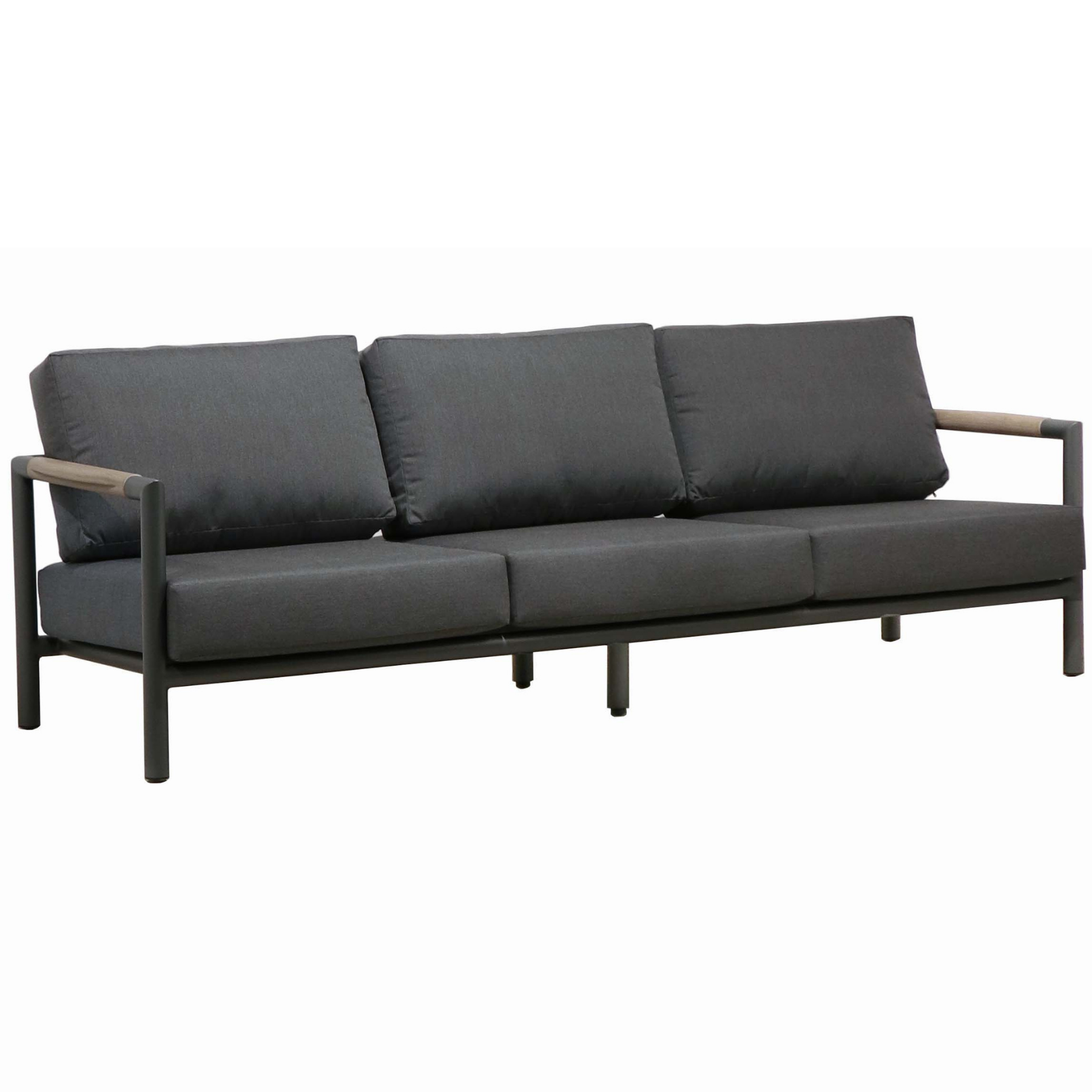 mix of aluminum frame, teak arm details, deep seat and back cushions, open arms
