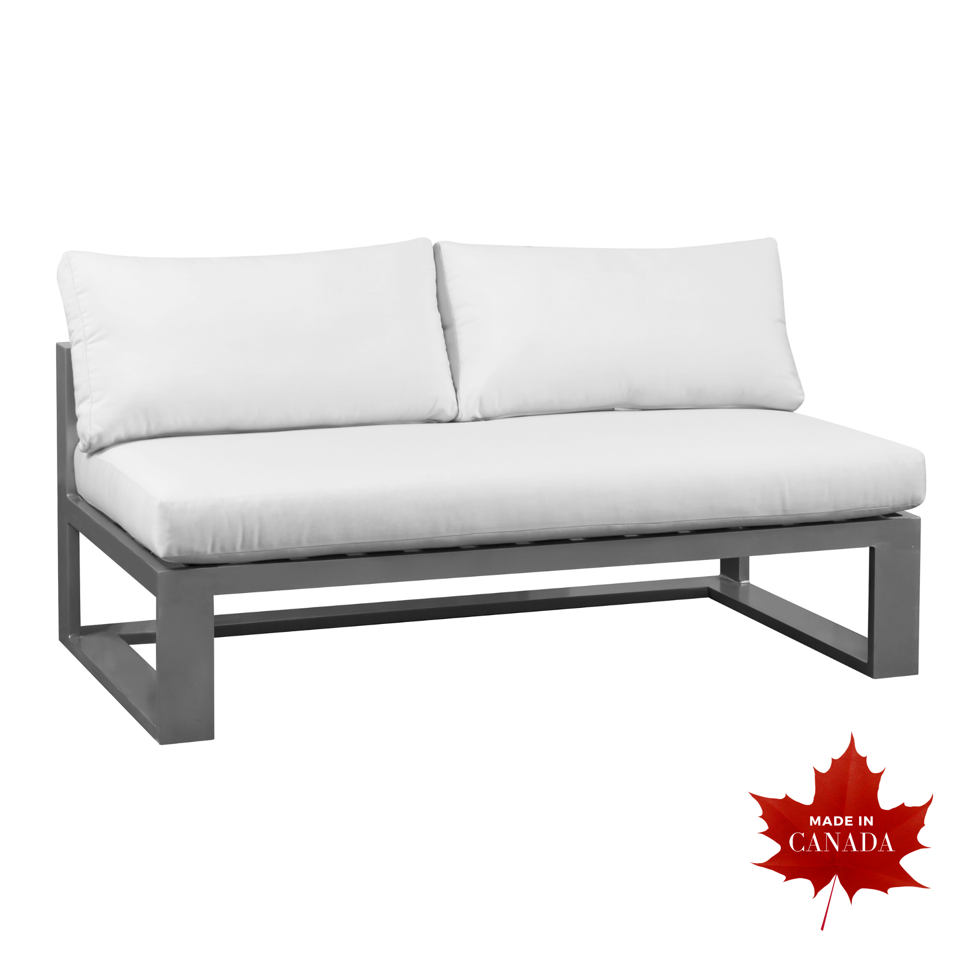 contemporary aluminum love seat with no arms, two deep back cushions, one long seat cushion