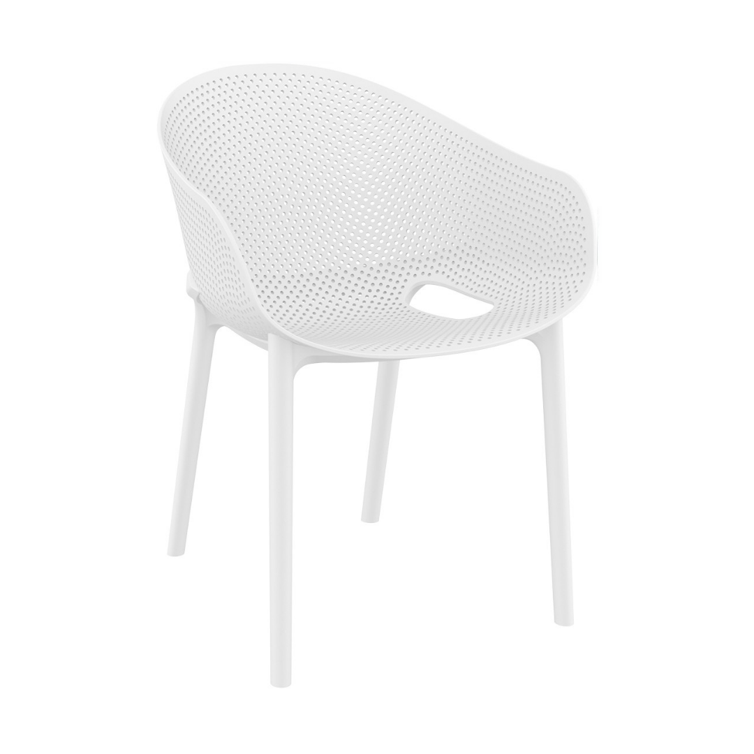 contemporary moulded perforated arm chair, polypropylene, open legs, curved back, indoor/outdoor, stackable