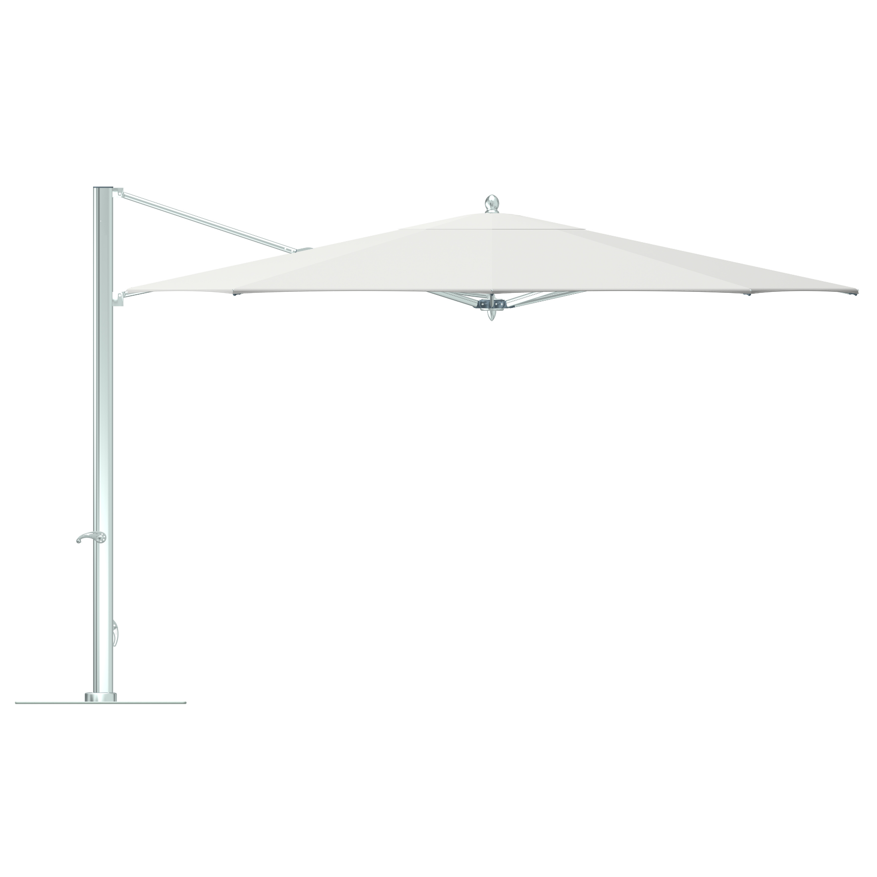 Luxury minimalist design 10’ x 14’ rectangle cantilever umbrella, marine grade Sunbrella canopy, crank lift open, polished aluminum mast/frame, stainless steel and resin components
