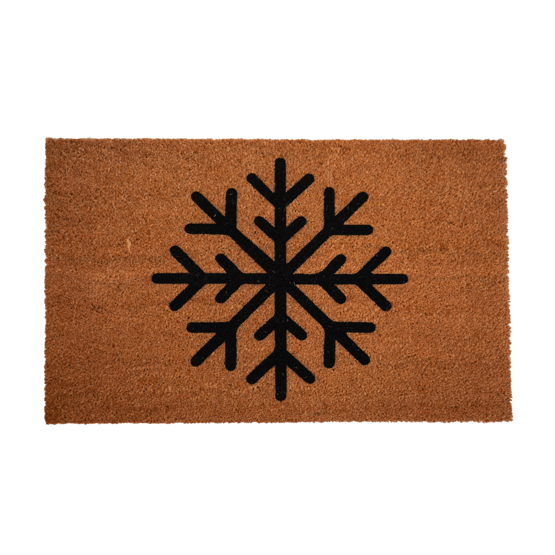 Premium outdoor sand coloured rug, hand made from coarse Coconut Husk Fiber. Sand coloured with solid black snowflake, holiday design.