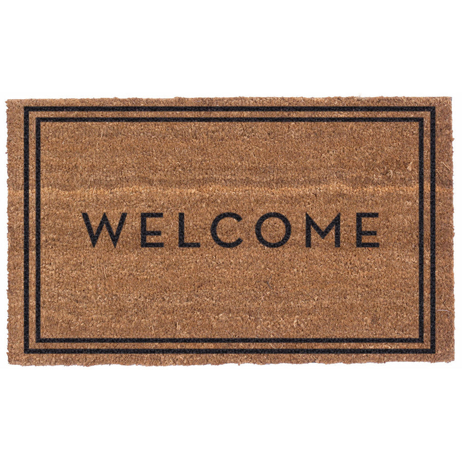 Premium outdoor hand made doormat in a Coconut Husk fiber material with a Vinyl backing. Sand coloured mat with black text Welcome. A bold black rectangle surrounds the welcome text. Doormat has course texture.