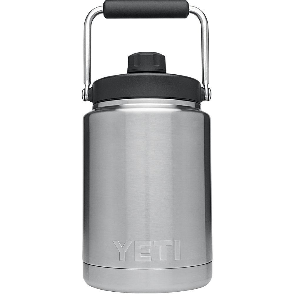 Yeti half gallon stainless steel Rambler jug, stainless steel handle with black handle grip, drinking spout and removable black lid