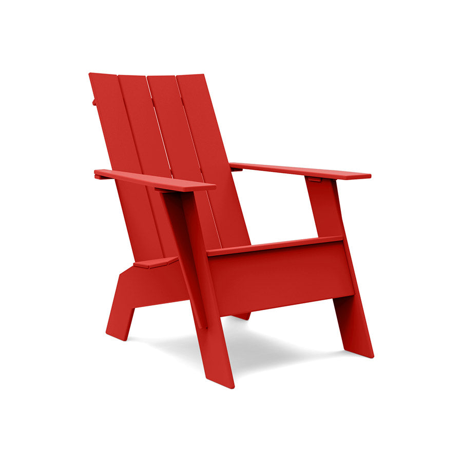 Outdoor, red contemporary high back tall Adirondack style polymer lounge chair, 4 oval openings on back, angular arms, legs and seat, horizontal slat back, angular arms, legs and seat
