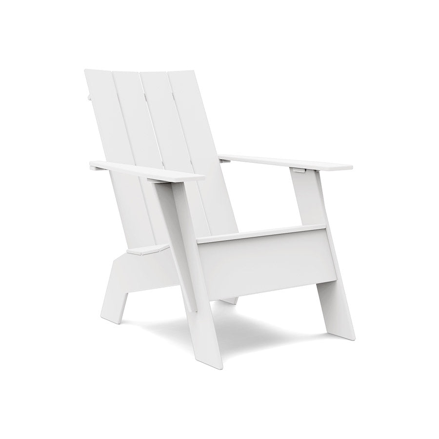 Outdoor, white contemporary high back tall Adirondack style polymer lounge chair, 4 oval openings on back, angular arms, legs and seat, horizontal slat back, angular arms, legs and seat