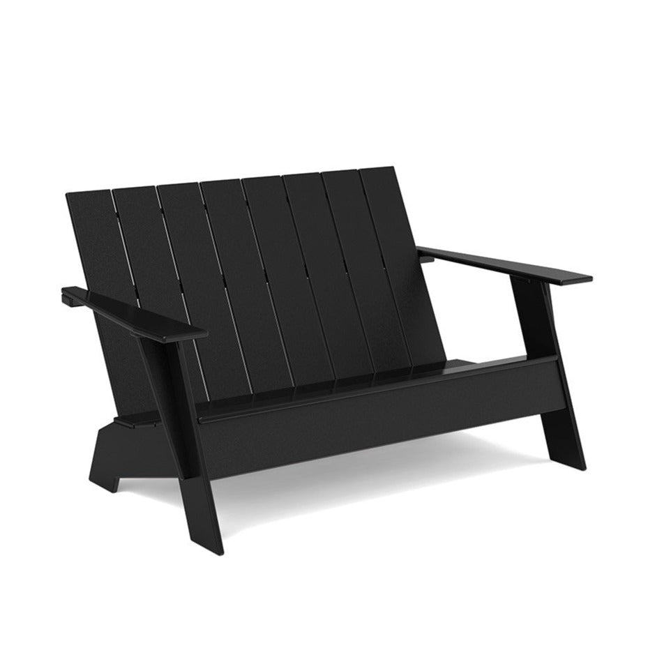 Modern outdoor Adirondack two–seater bench with flat modern back, vertical slat back, angular arms, legs and seat