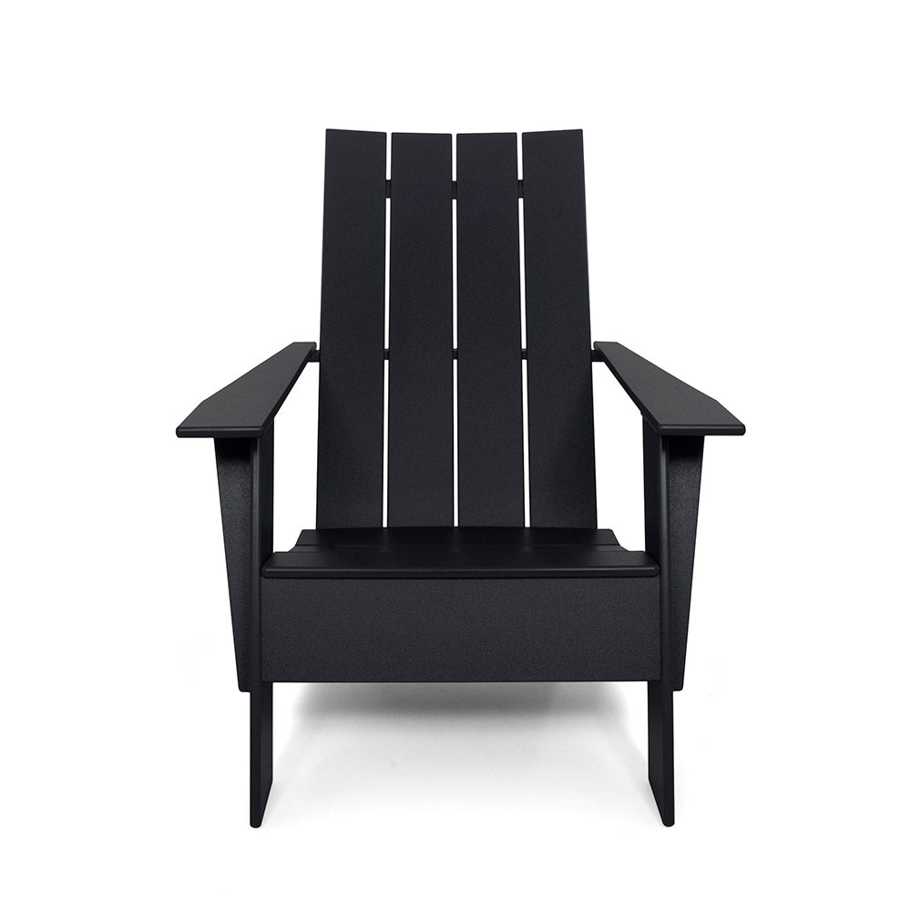 Outdoor, black contemporary high back tall Adirondack style polymer lounge chair, 4 oval openings on back, angular arms, legs and seat, horizontal slat back, angular arms, legs and seat