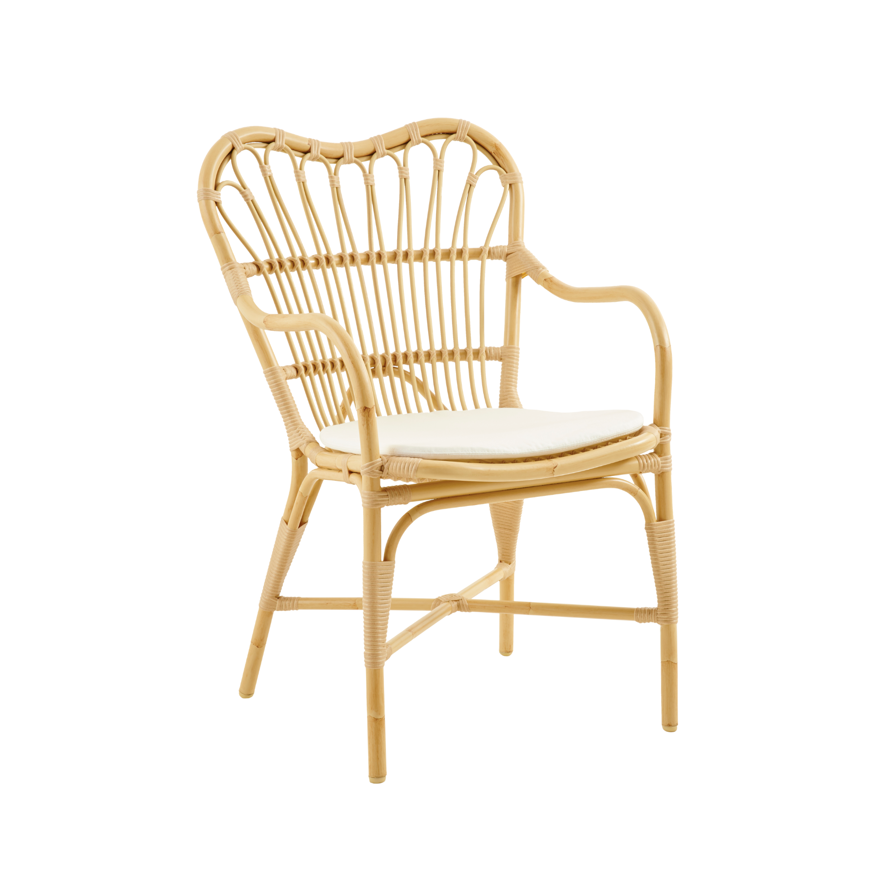 Unique premium outdoor sculptural dining arm chair, natural coloured polyethylene weave, curved back and curved open arms, bohemian inspired open weave pattern, Sunbrella seat cushion in neutral warm white colour