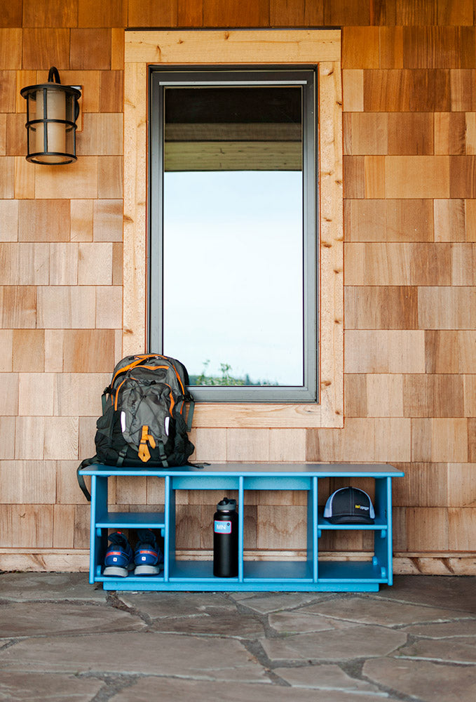 Premium entry storage bench, two vertical shoe shelves, one taller cubby for boots, two umbrella slots with base, marine grade polymer construction, clean transitional design