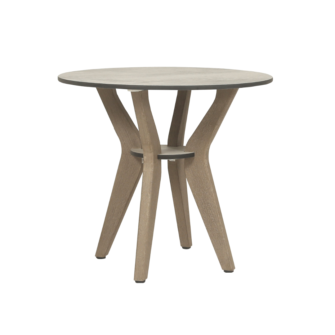 Contemporary outdoor end table, natural teak boomerang shaped legs, weathered look, round faux concrete finish laminate table top