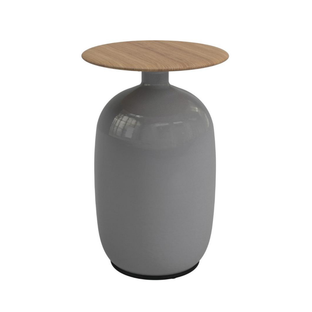 Contemporary, premium end table made of beautifully rounded glazed ceramic base in smoke colour, tapers to meet a round flat teak top