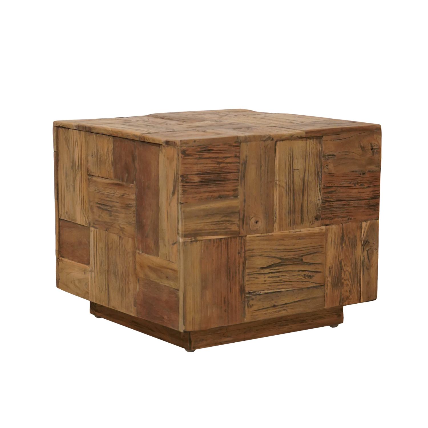 Premium indoor stool crafted in teak. Patched with multiple brown wood squares with dark striations. Shaped like cube sitting on a smaller cube platform.