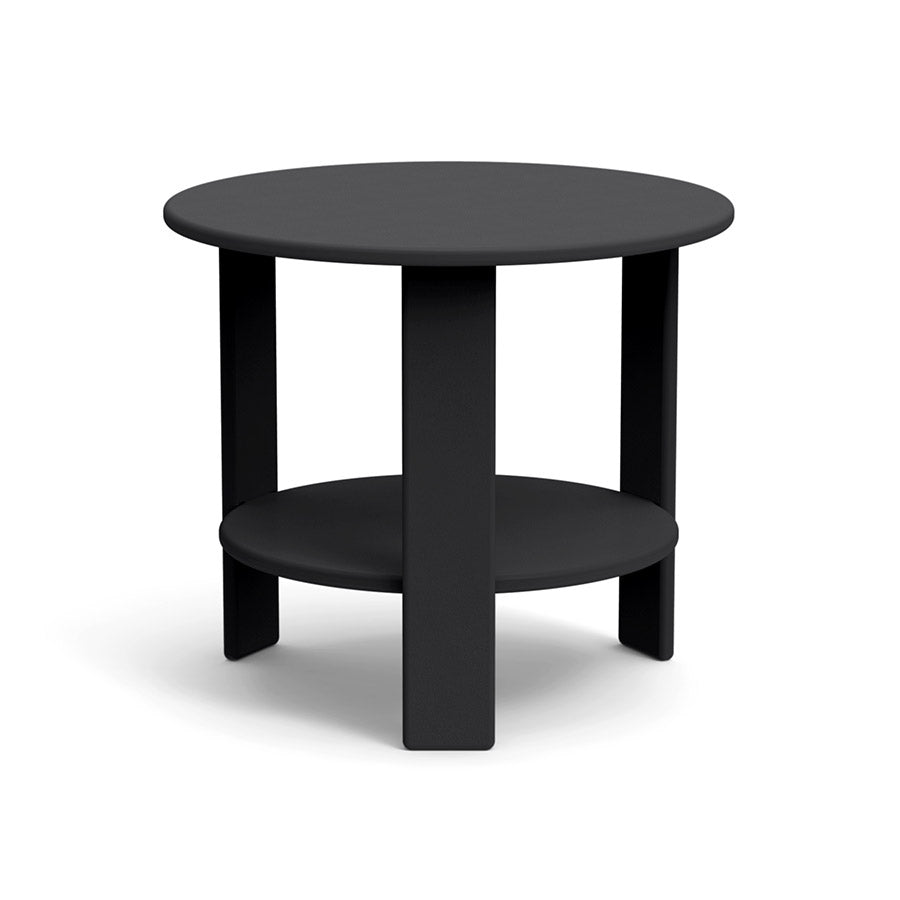 Modern round outdoor black side table, tiered round lower shelf, round top, made of recycled polymer