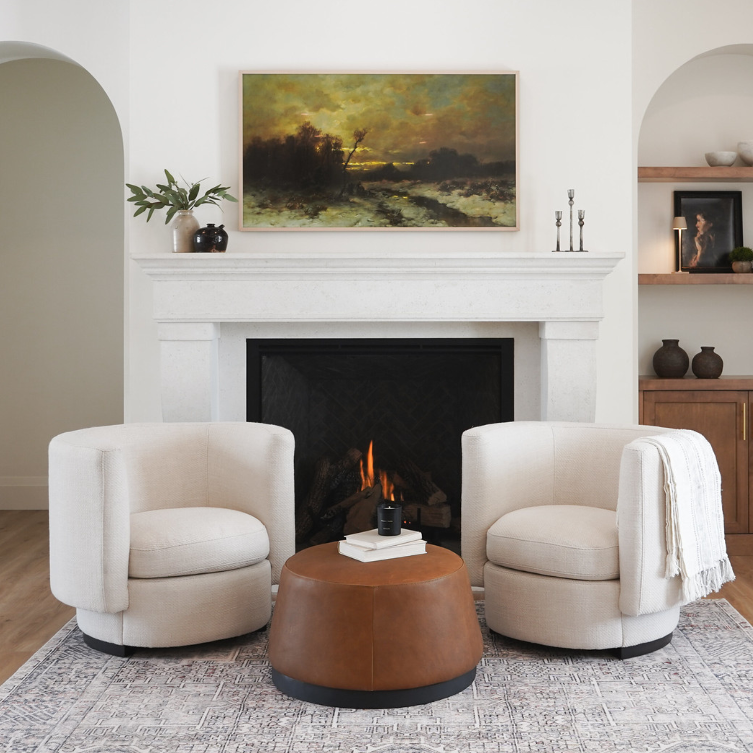 Pop Cognac Leather Round Ottomans