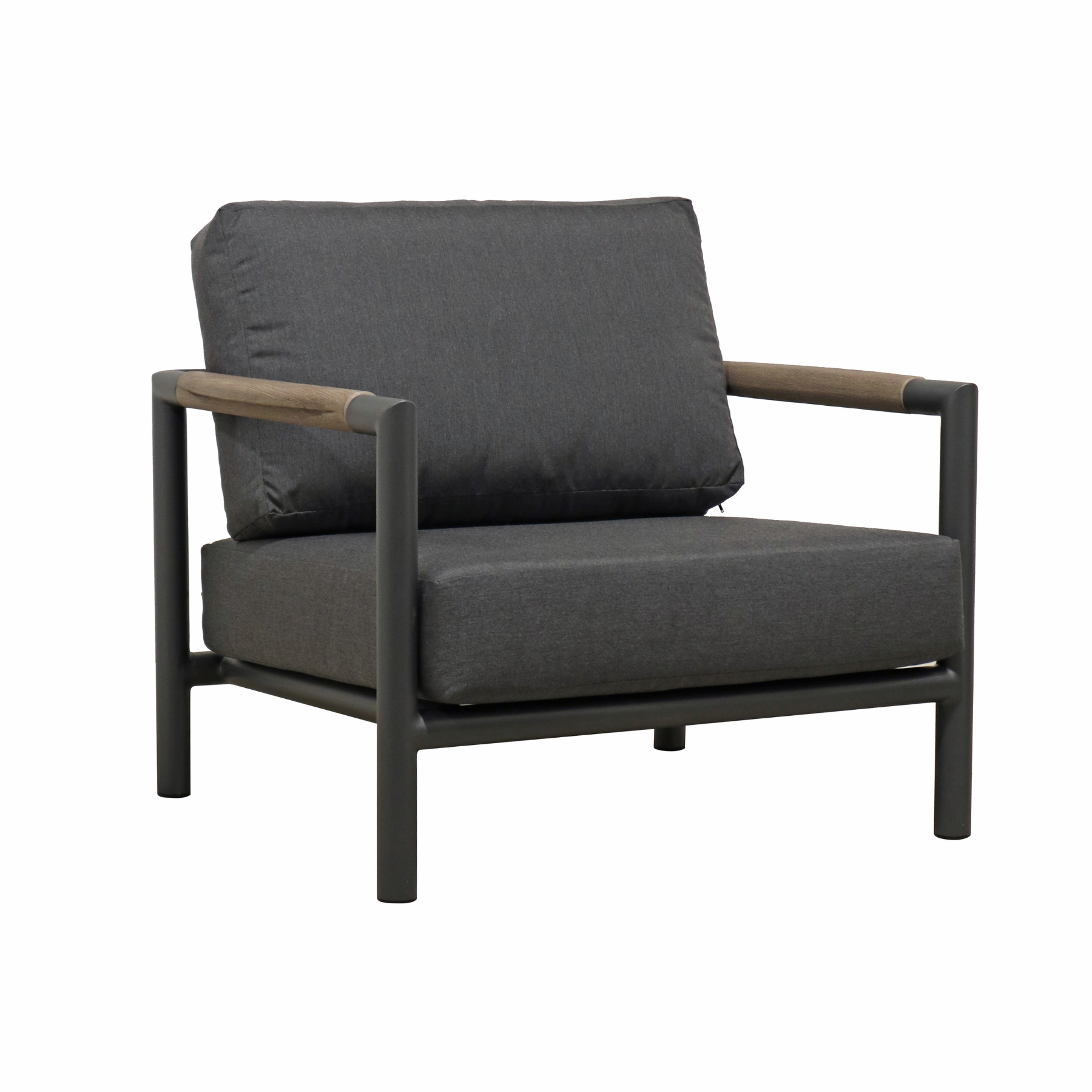 Outdoor transitional club chair, mix of charcoal tubular aluminum frame, teak arm detailing, deep seat and back cushions in Pebble Grey Sunbrella Fabric, open arms