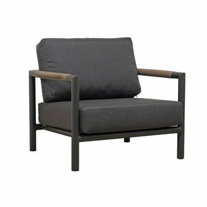 Outdoor transitional club chair, mix of charcoal tubular aluminum frame, teak arm detailing, deep seat and back cushions in Pebble Grey Sunbrella Fabric, open arms