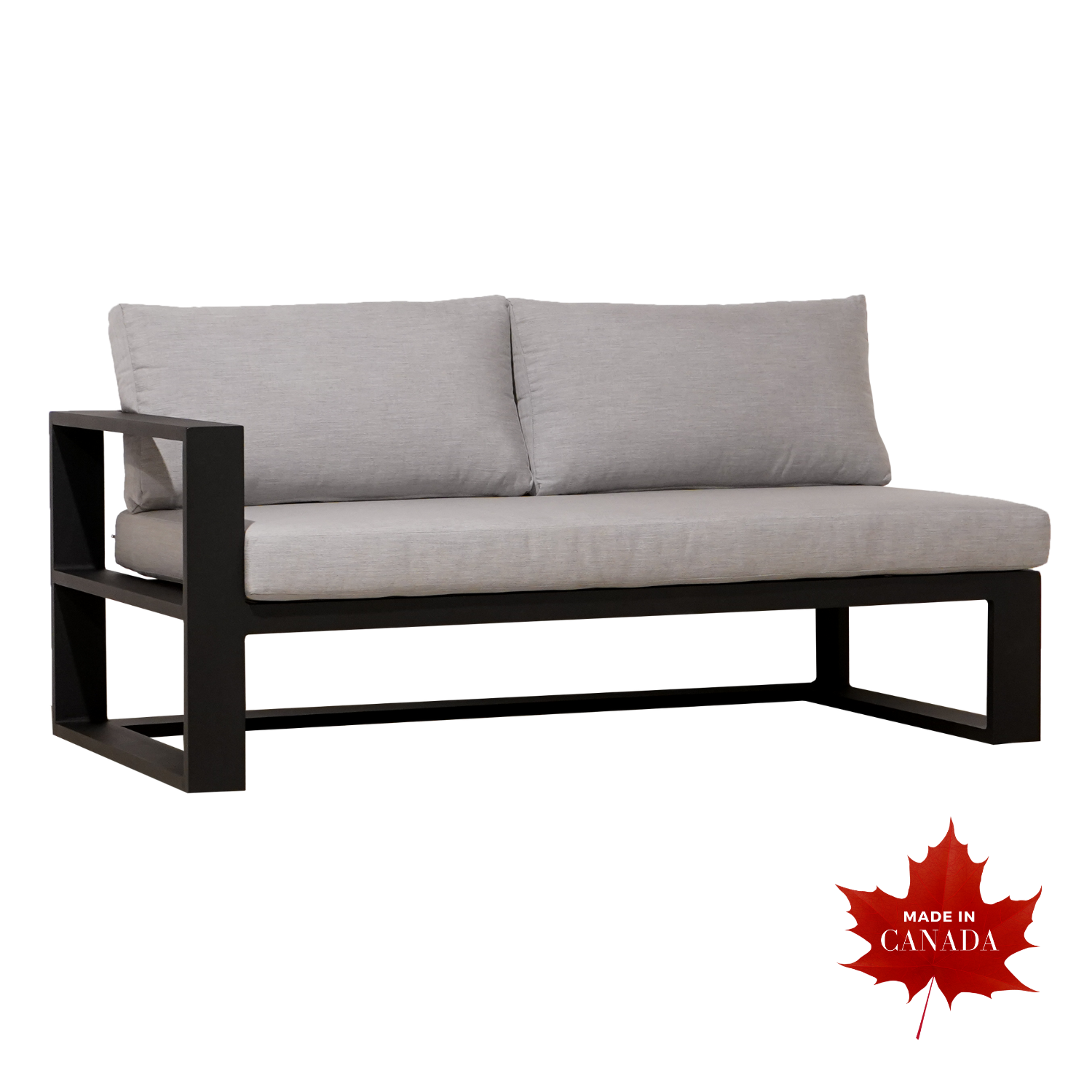 Quantum left arm facing outdoor sectional end unit with crate style shape, matte slate black finish and Sunbrella Canvas Granite cushions