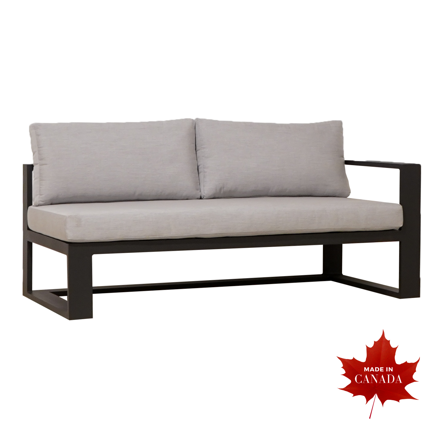 Contemporary crate style outdoor right arm facing sectional unit with slate black finish and Sunbrella Canvas Granite light grey cushions