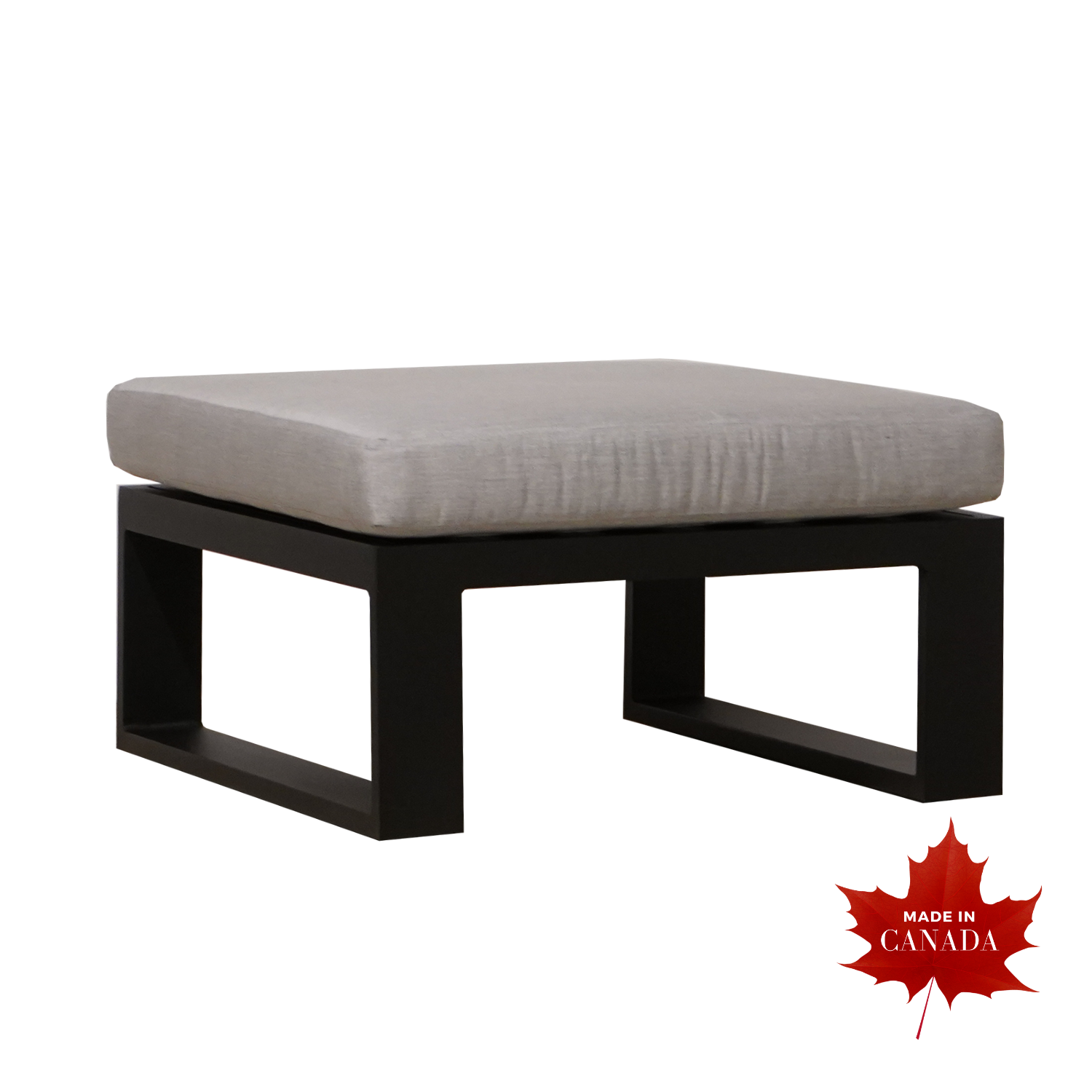 Low, crate style outdoor square ottoman with slate black finish and Canvas Granite Subrella cushion fabric