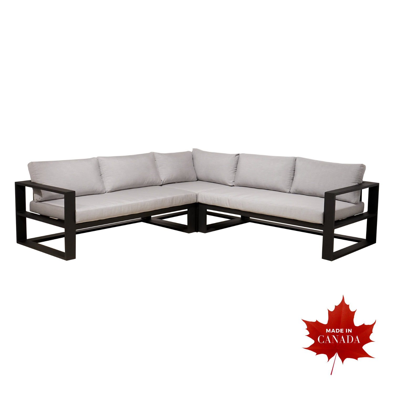 Quantum contemporary crate style corner L-shaped outdoor sectional with square arms, slate black finish and Sunbrella Canvas Granite light grey cushions