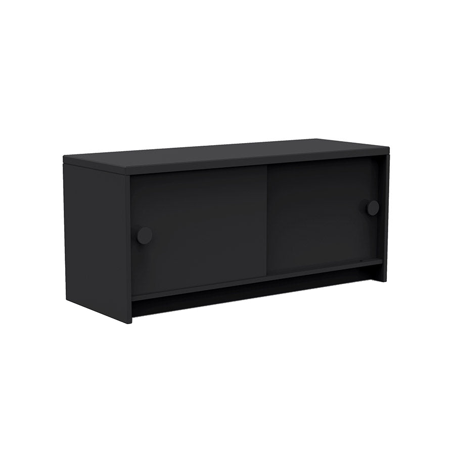 Premium indoor/outdoor recycled polymer slider credenza, two interior cubbies, two sliding doors, round handles, contemporary clean look, doubles as bench