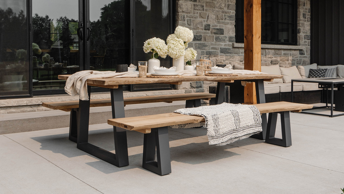 modern farmhouse live edge teak dining table and bench